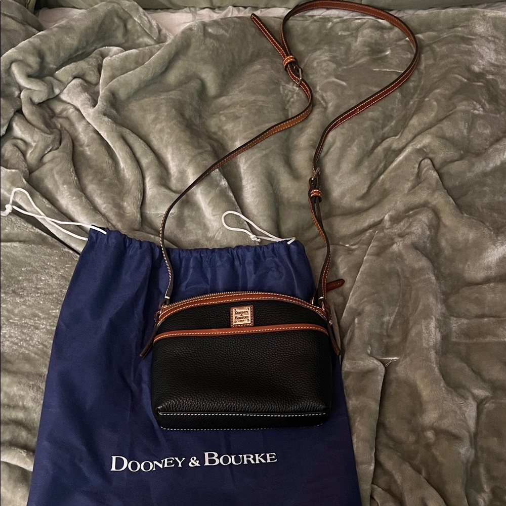 Dooney & Bourke Black Pebbled Leather Crossbody with Brown Trim